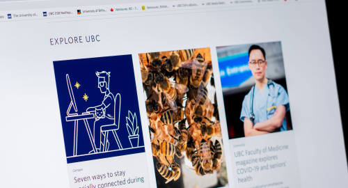 Screenshot of the UBC homepage with links to Covid stories